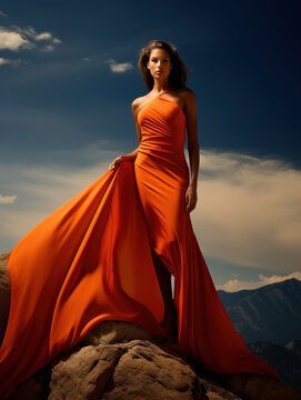 Fashion model on a mountaintop setting and a blue sky in an orange dress, Generative AI