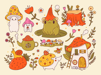 Vector set of cute vintage cottagecore animals, mushrooms, flowers stickers. Fairy frog, amanita house, snail, hedgehog cartoon illustrations. Magic forest elements. Green witch, goblincore aesthetic