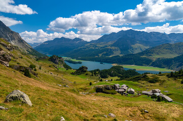Panoramic view of the Engadin, Lake Sils and the village of Blaunca.
