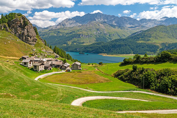 Panoramic view of the Engadin, Lake Sils, and the village of Grevasalvas.
