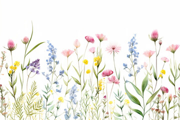 Watercolor vector with wild flowers, leaves, trees and flying butterflies. Garden background in vintage style. Abstract. Wild flower background. gift wrapping paper
