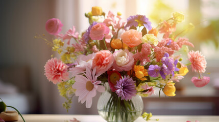 Colorful bouquet of spring flowers and copy-space background. Mockup for spring, celebration and valentine.