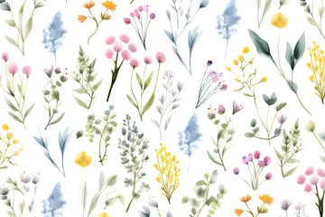Rolgordijnen Watercolor vector with wild flowers, leaves, trees and flying butterflies. Garden background in vintage style. Abstract. Wild flower background. gift wrapping paper © WITCHA