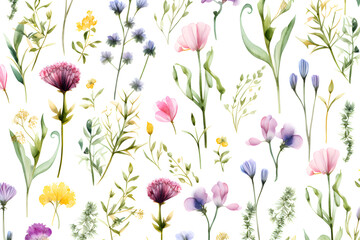 Watercolor vector with wild flowers, leaves, trees and flying butterflies. Garden background in vintage style. Abstract. Wild flower background. gift wrapping paper