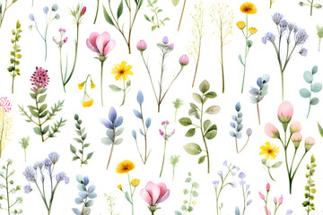 Watercolor vector with wild flowers, leaves, trees and flying butterflies. Garden background in vintage style. Abstract. Wild flower background. gift wrapping paper - obrazy, fototapety, plakaty