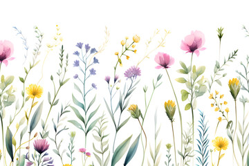 Watercolor vector with wild flowers, leaves, trees and flying butterflies. Garden background in vintage style. Abstract. Wild flower background. gift wrapping paper