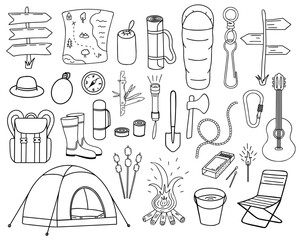 camping set, outing equipment. Vector Illustration for printing, backgrounds, covers and packaging. Image can be used for greeting cards, posters, stickers and textile. Isolated on white background.