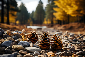 cones in the forest background