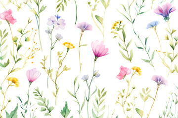 Watercolor vector with wild flowers, leaves, trees and flying butterflies. Garden background in vintage style. Abstract. Wild flower background. gift wrapping paper