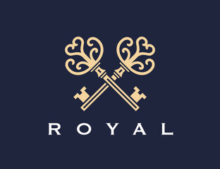 Crossed vintage keys icon. Luxury real estate agency logo mark design. Royal property realtor emblem. Vector illustration.