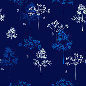 Seamless pattern of dill plant ion cyanotype style