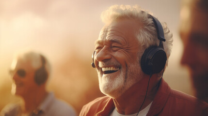 Senior man listen to music with headphones on vacation or free time on sunny day, beach vacation or retirement