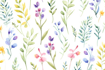 Fototapeta premium Watercolor vector with wild flowers, leaves, trees and flying butterflies. Garden background in vintage style. Abstract. Wild flower background. gift wrapping paper