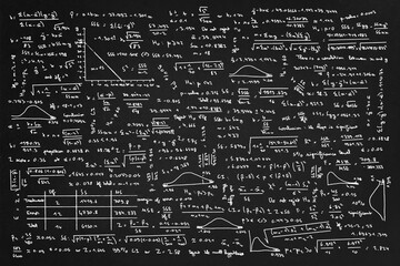 Maths blackboard with science formulas. Algebra, mathematics and physics functions on chalkboard,...