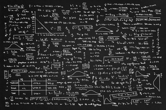 Maths blackboard with science formulas. Algebra, mathematics and physics functions on chalkboard, school education background
