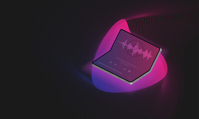 Isometric foldable smartphone with music application and abstract bacground.