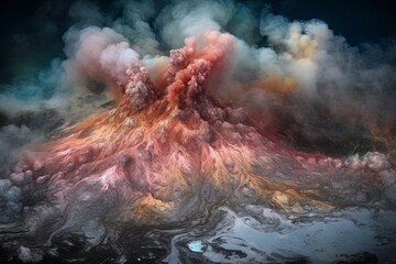 Volcanic eruption with smoke and ash in the sky. 3d illustration. Generative AI.