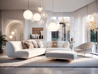 An exquisite modern bahaus architectural interior house with a beautiful white velvet sofa and chairs, a modular suspended lamp with glass diffusers and  metal structure illuminated by LED light.