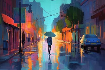 Digital painting of a man with umbrella walking on the street in the evening. Generative AI.
