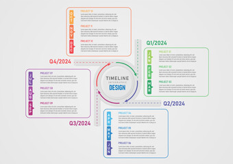 4 quarter timeline infographic. Gray circle road with directional arrow in the middle with lettering. The outer multi-colored frame places the lettering in the middle of the gray gradient background.