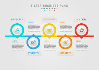 5 step business planning infographic to success multi colored circles concatenated circle button center top icon The upper and lower square buttons have a letter in the middle gray gradient background