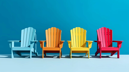 Colorful deck chairs in a row on a blue background with copy space.  Beach chairs isolated against the wall.
