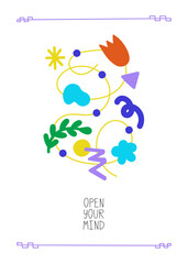 Open your mind poster design. Abstract shapes and doodles in various compositions. Modern hand drawn organic doodle, line, nature, flower elements vector illustration for print, posters, social media 