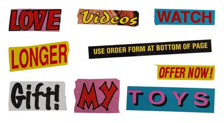 Cutout magazine vintage text, labels, price, offer, discount, tags, sign and more, collection of different designs from vintage 90's magazine, png isolated on transparent background