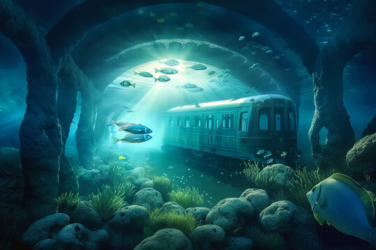 Underwater train. Underwater view. 3D render. Fantasy. Generative AI.