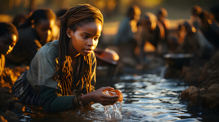 African people drinking water from river showing their need of water