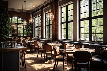 Fototapeta premium Contemporary design in trendy bistro. Comfort meets style. Interior of cafe. Savory spaces. Exploring ambiance of restaurant interior