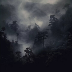 Fototapeta na wymiar Dark landscape with mist through trees on hills