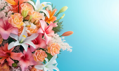 Fototapeta na wymiar A romantic flowers bouquet on a blue background. Mother's Day concept. Created by generative AI