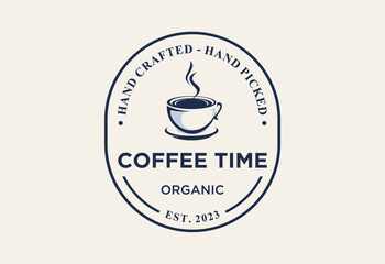 Premium coffee shop logo. Cafe mug icon. Latte aroma symbol. Espresso hot drink cup sign, Vector illustration.