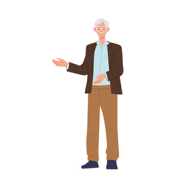 Old teacher senior professor cartoon character pointing aside vector illustration isolated on white