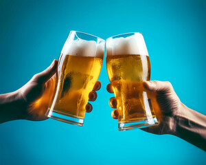 Hands holding glasses of beer isolated on a blue background. beer with foam light tall boys in the hands of friends raising a toast closeup.