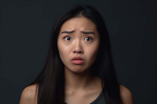 Portrait of a beautiful asian woman looking confused on black background