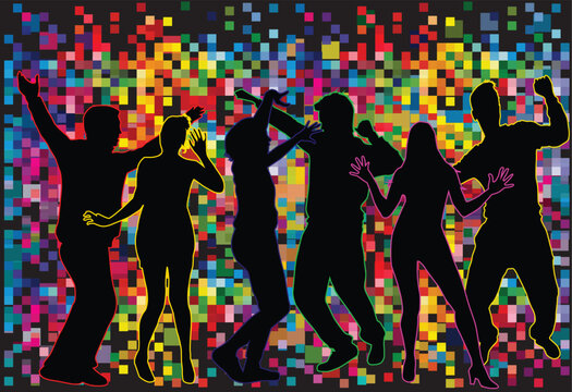 Dancing people silhouettes , retro background.	