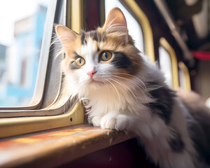 Portrait of a beautiful cat curiously lying still looking out the window. cute calico long hair kitty watching from the train. selective focus. - obrazy, fototapety, plakaty