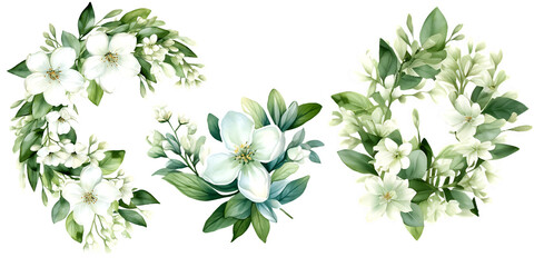 Fototapeta premium Beautiful wedding wreath with Philadelphus flowers watercolor elements set.