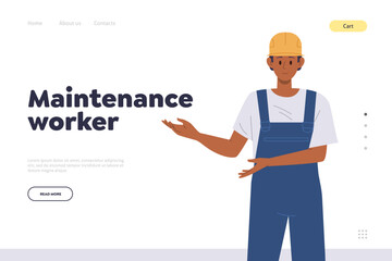 Maintenance worker online service landing page with man engineer technician in overalls offers help