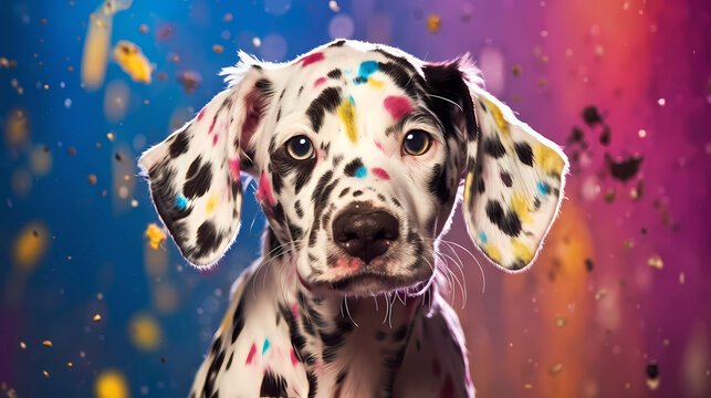 Portrait of Dalmatian puppy spotted with colored paint.  Closeup of spotted dog with a colored background. 