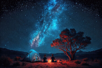 People camping in tents under a beautiful starry sky, AI generated