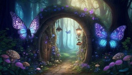 fairy tail forest with butterflies - obrazy, fototapety, plakaty