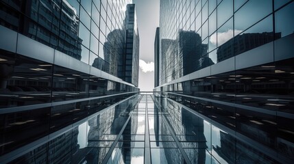 Fototapeta na wymiar Looking up at modern urban business buildings, generated by AI