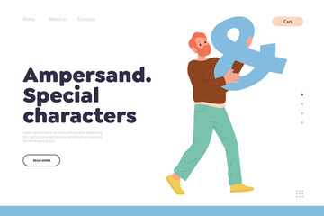 Ampersand special character landing page design template with man holding punctuation symbol