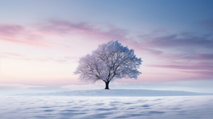 silhouette of a frozen tree covered with snow against the background of a muted morning sky in winter.snowy landscape. 
