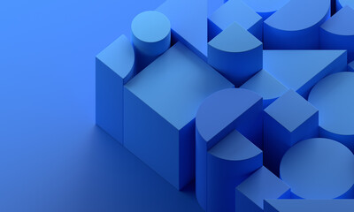 Abstract geometric composition, blue background design, 3d render