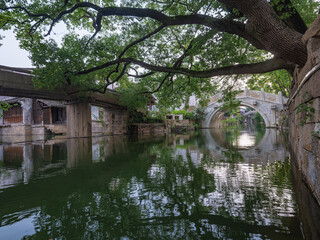Obraz premium Night view of Puyuan, An ancient water town in Zhejiang Province, China.