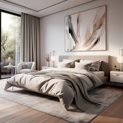 Corner of modern master bedroom with white walls, wooden floor, comfortable king size bed with gray linen and personal accessories. 3d rendering.Generative AI